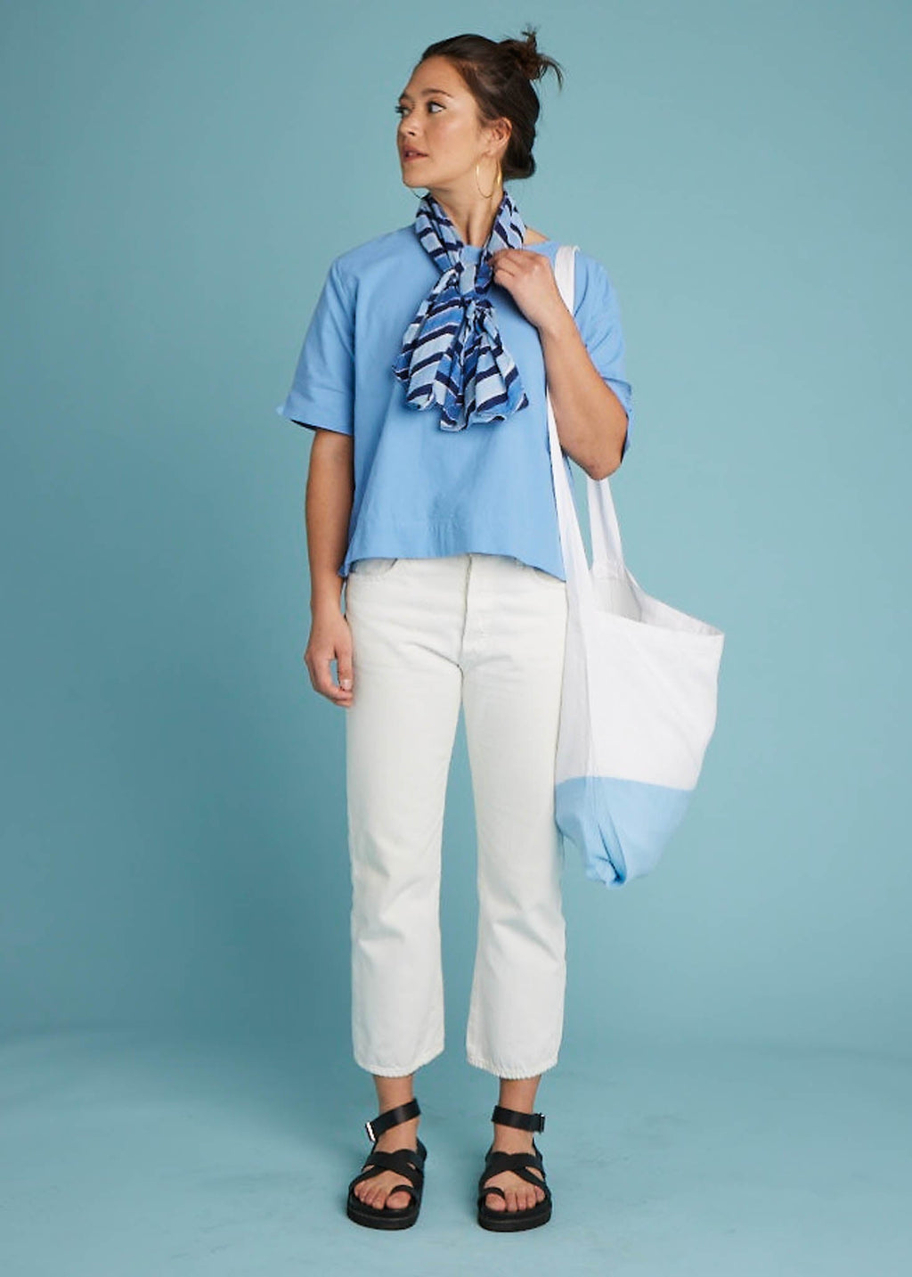 Mare Boxy Cropped Shirt - Linen Coastal Blue