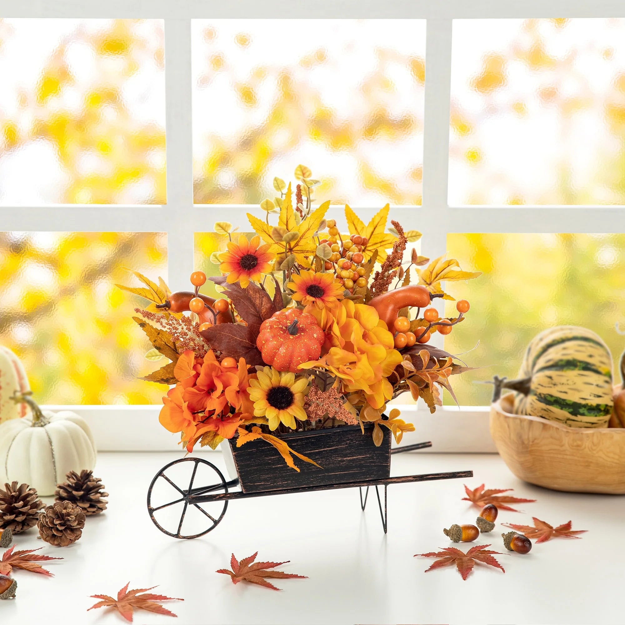 Glitzhome 14L Fall Unique Floral Cart / Multi-Colored Sorghum Cart Centerpiece Thanksgiving Table Decor