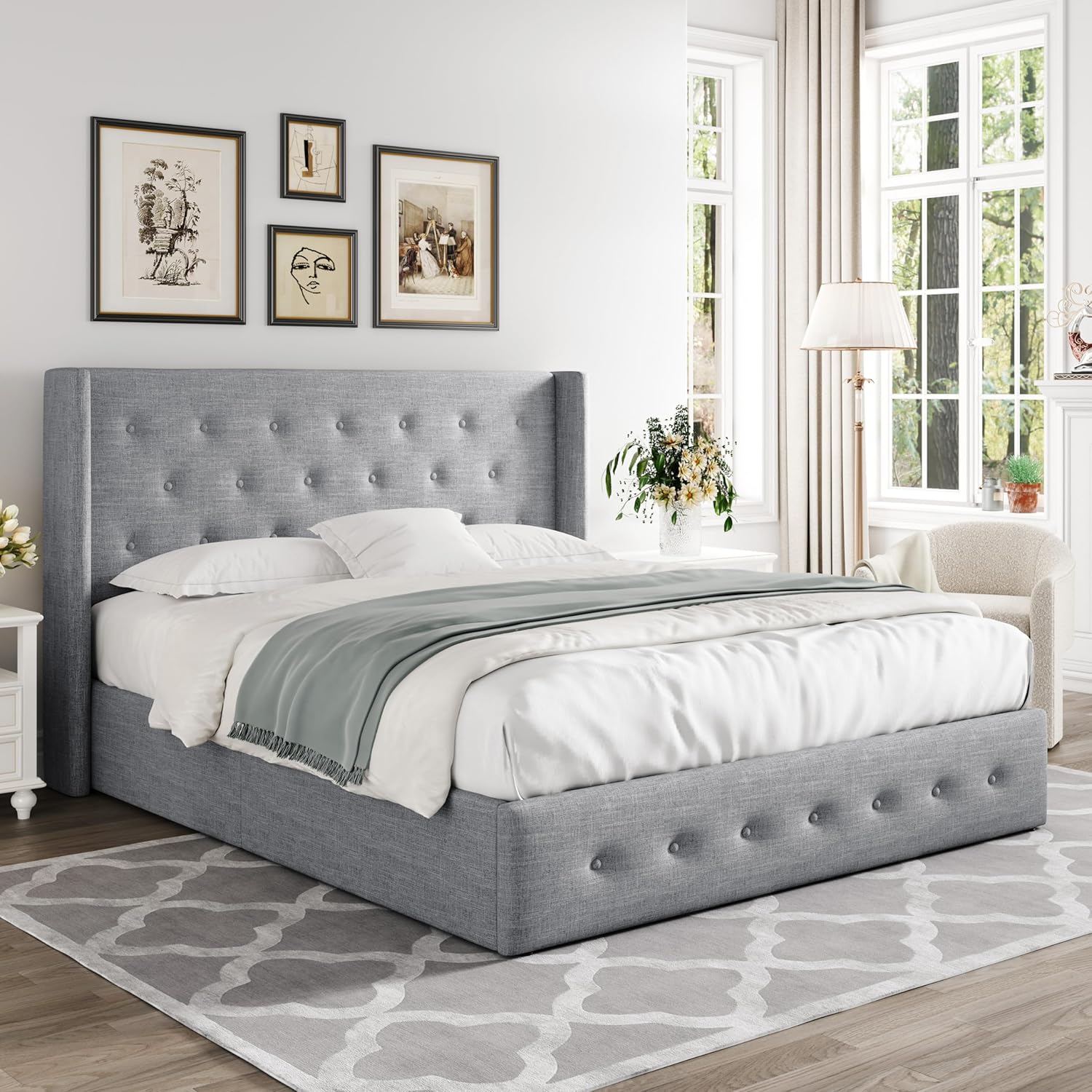 ALLEWIE Queen Size Lift Up Storage Bed with Wingback Headboard
