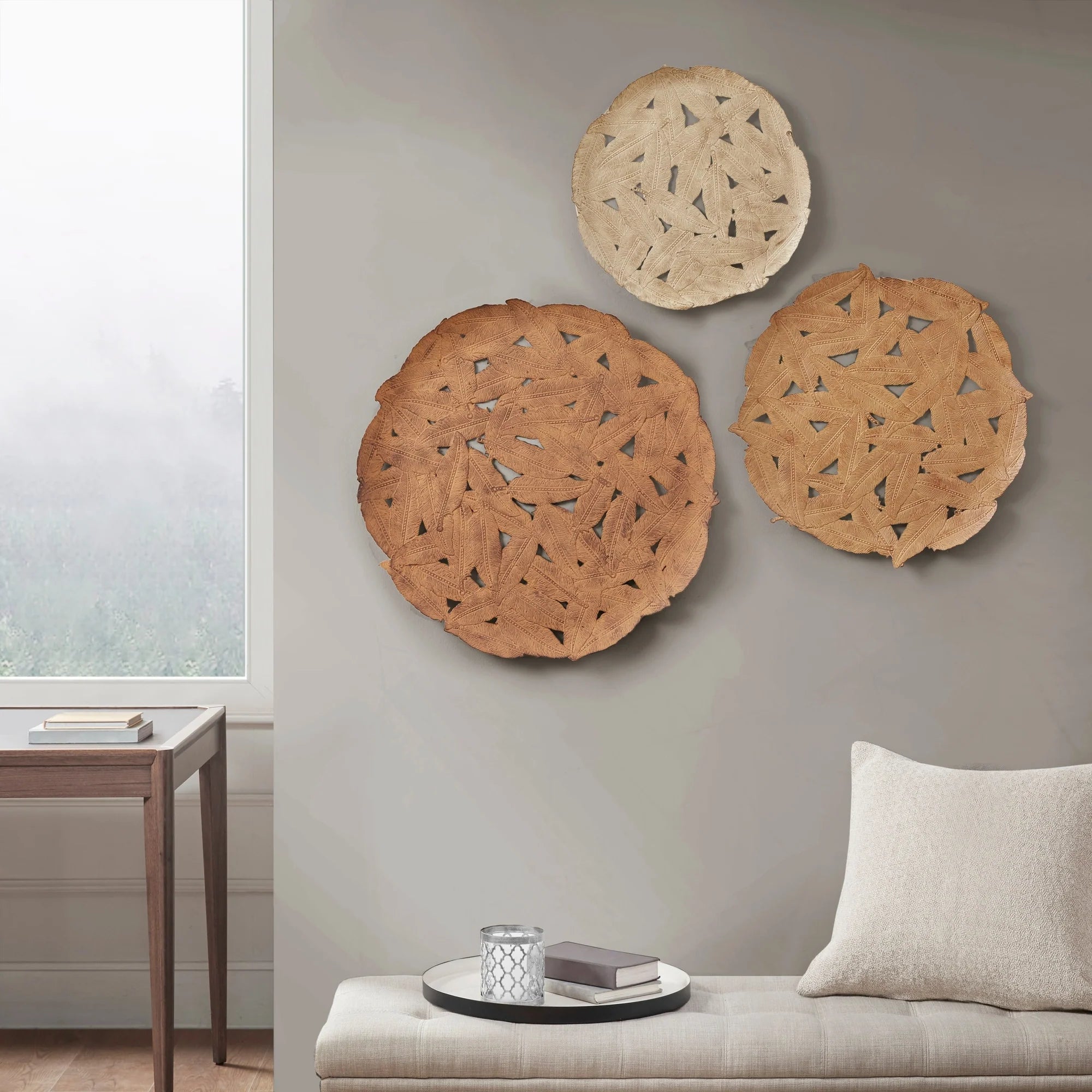 Madison Park Rosalie Textured Feather 3-piece Metal Disc Wall Decor Set