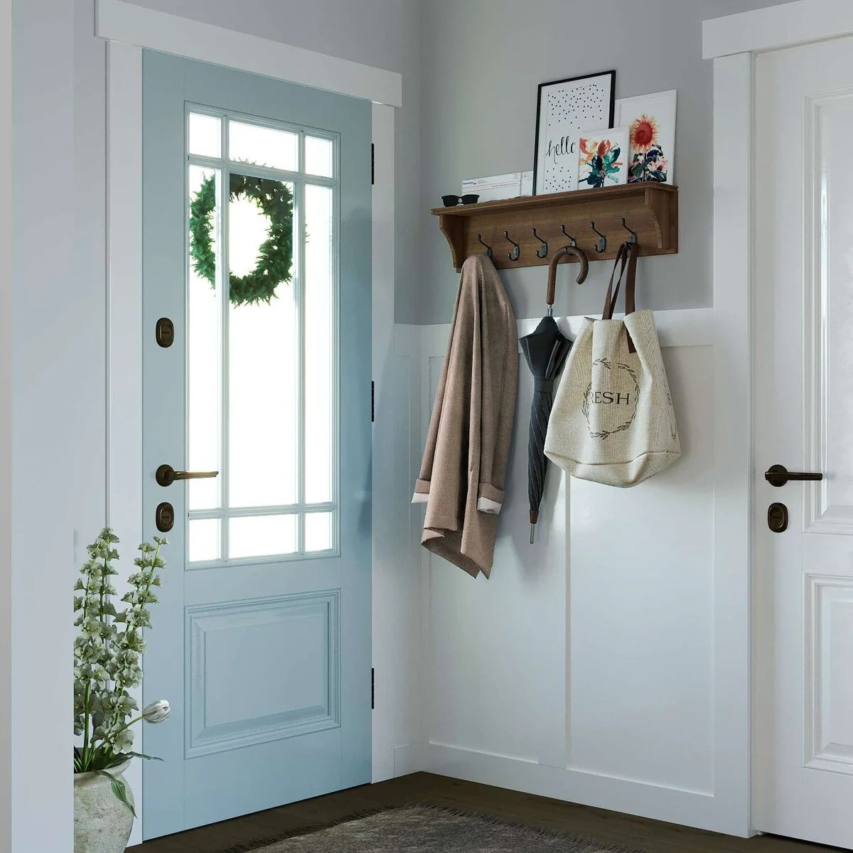 Wallniture Mante Key Holder for Wall, Decorative Mail Holder with Shelf, Large Coat Hooks, Wood Wall Key Hanger