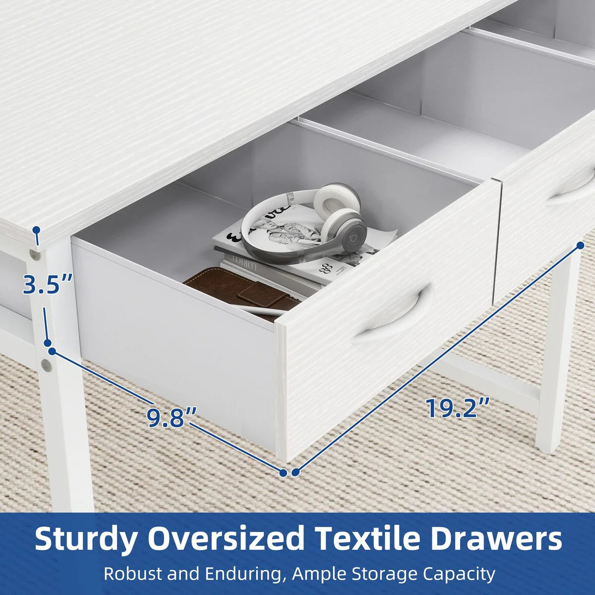 Moasis Small Computer Desk with Fabric Drawers and Monitor Stand