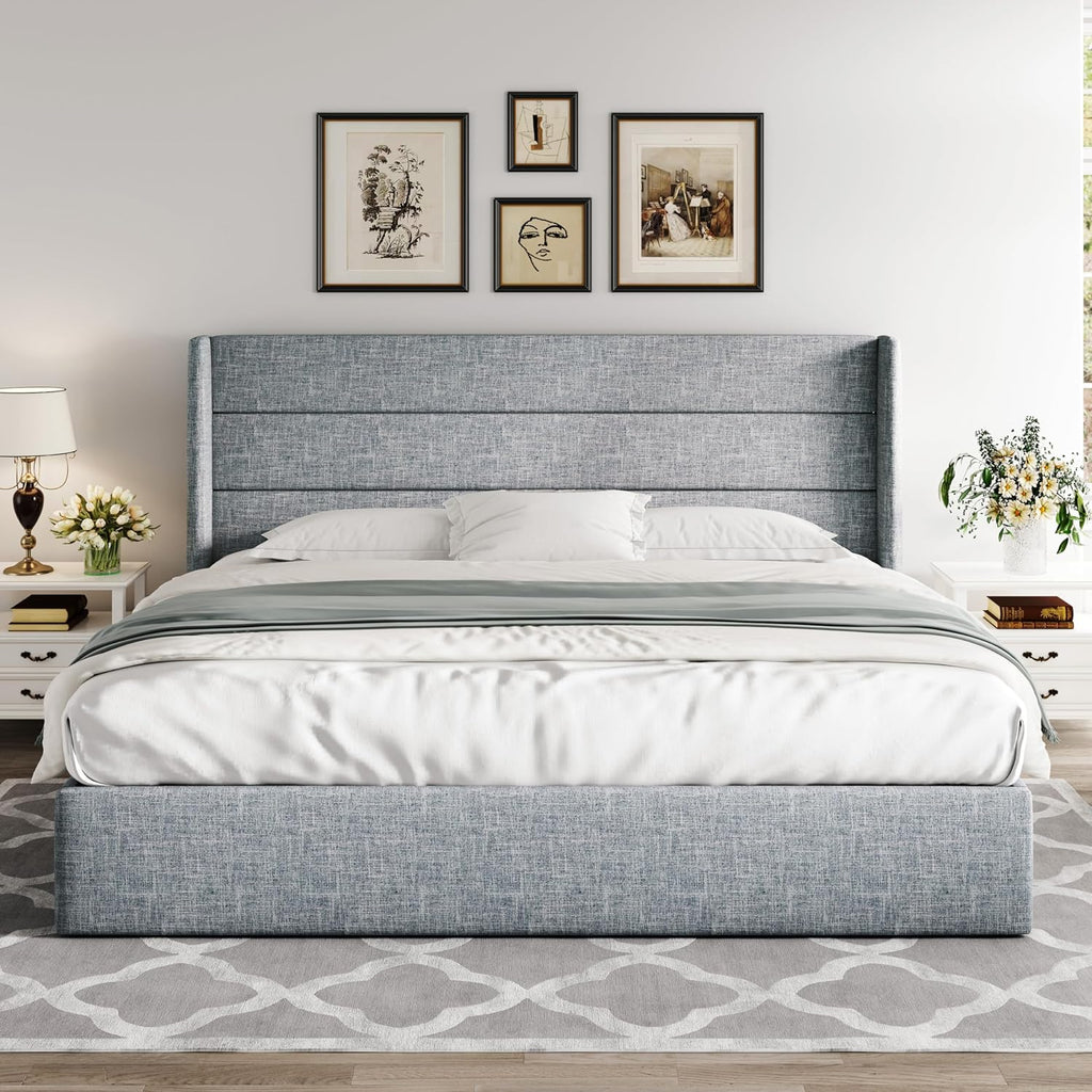 ALLEWIE Queen Size Lift Up Storage Bed with Wingback Headboard