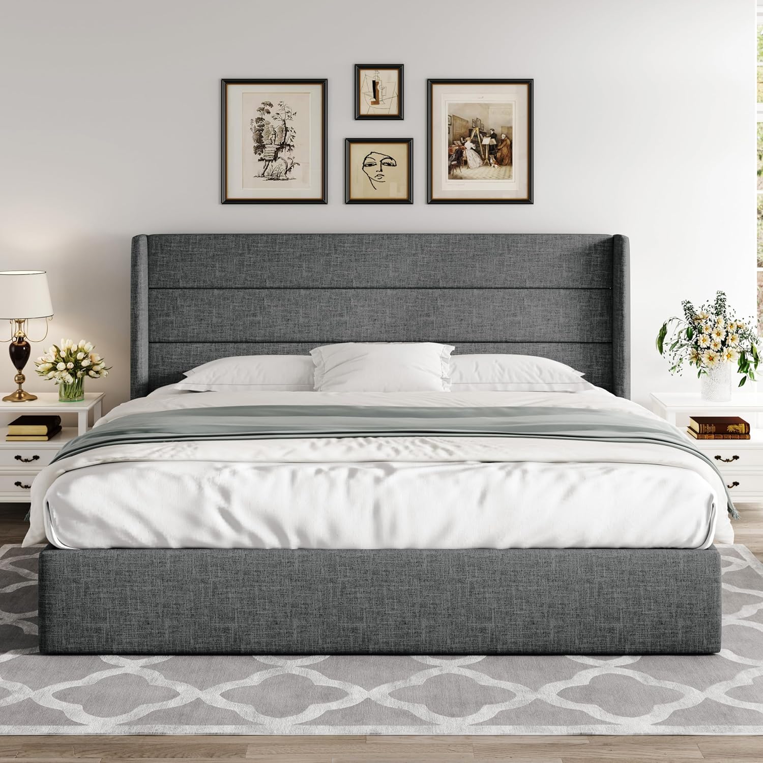 ALLEWIE Queen Size Lift Up Storage Bed with Wingback Headboard