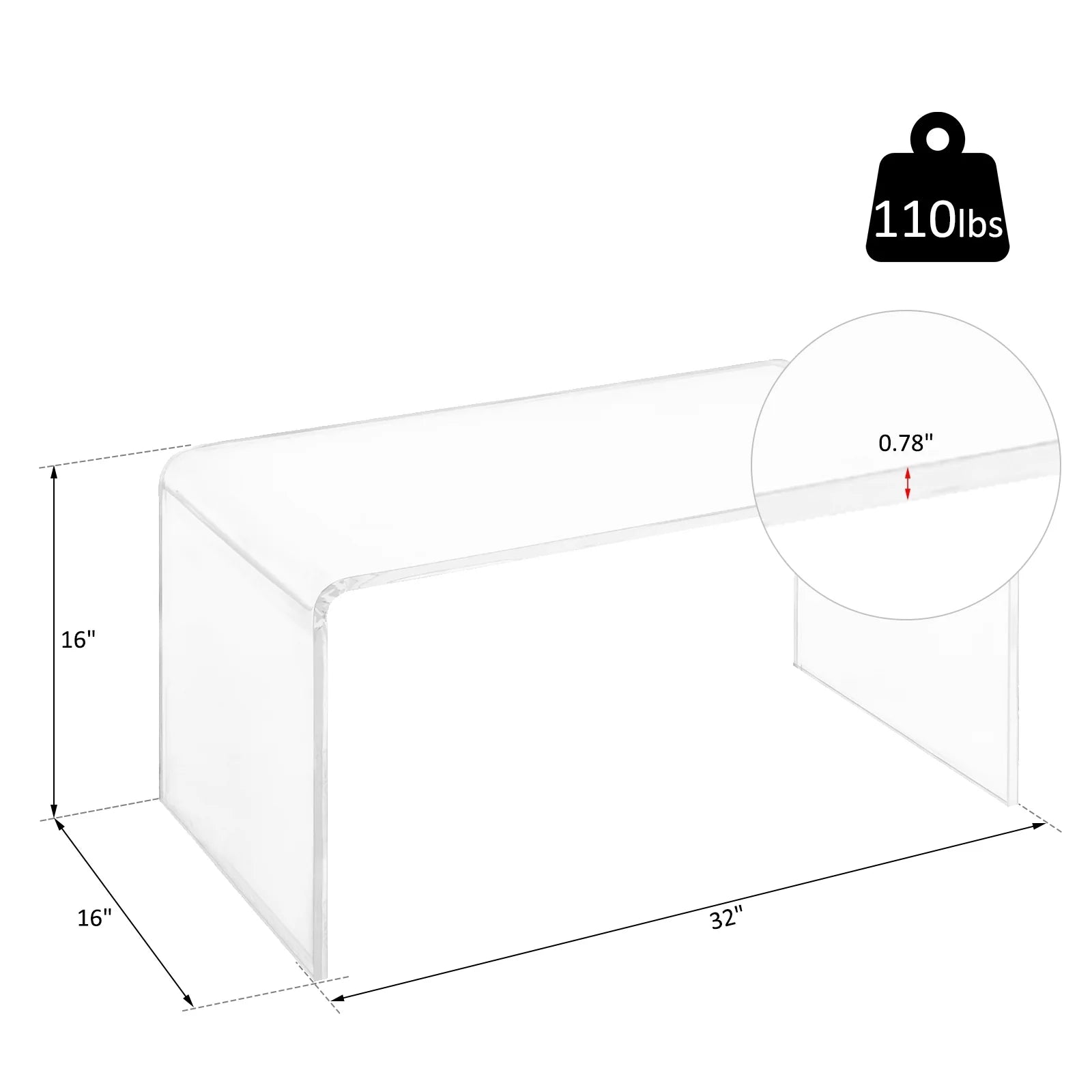 HomCom 32 Long Rectangle All Acrylic 20mm Thick Waterfall Coffee Table, Clear