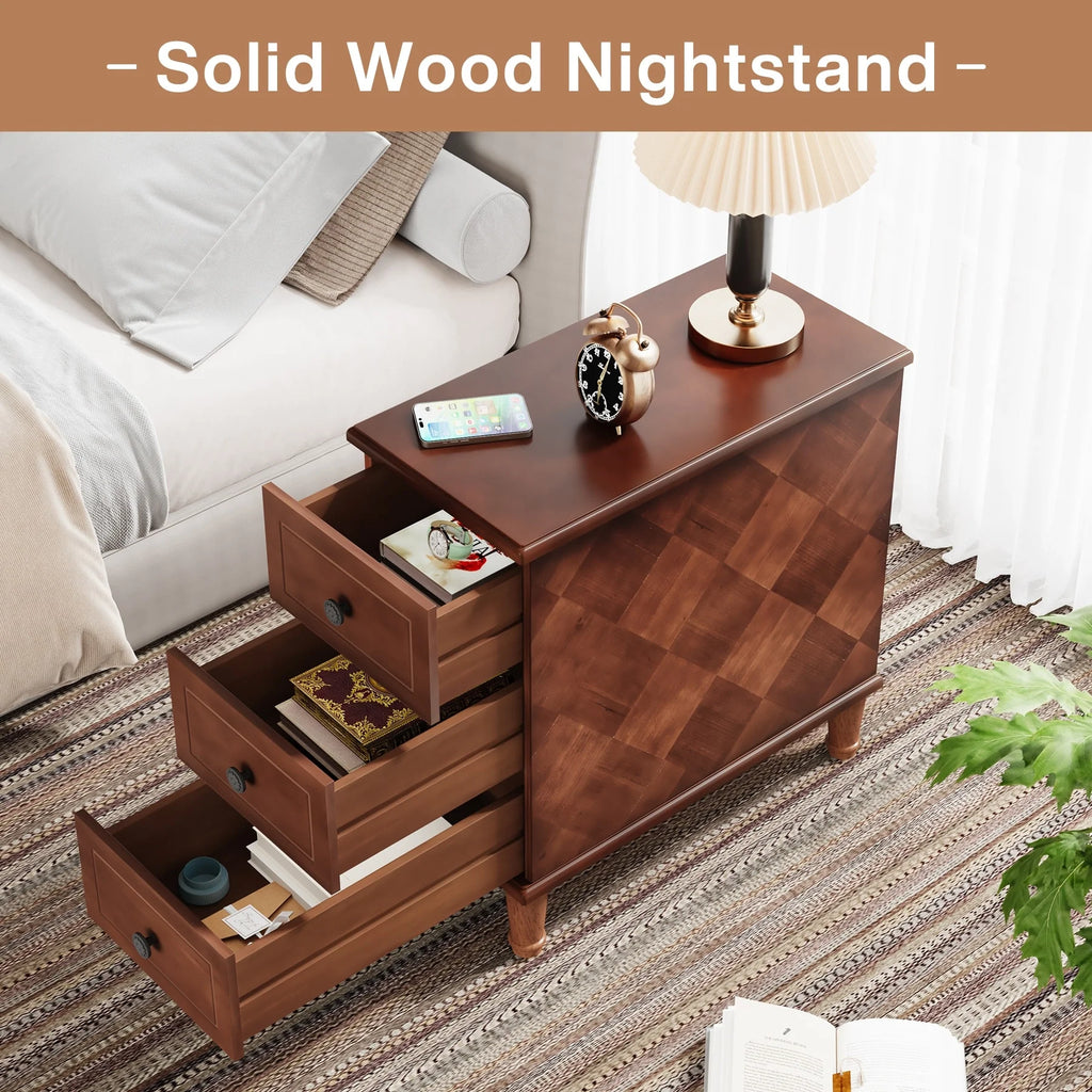Fully Assembled Narrow End Table, Solid Wood Side Table with 3 Drawers, Vintage Nightstand Slim Bedside Table for Small Spaces