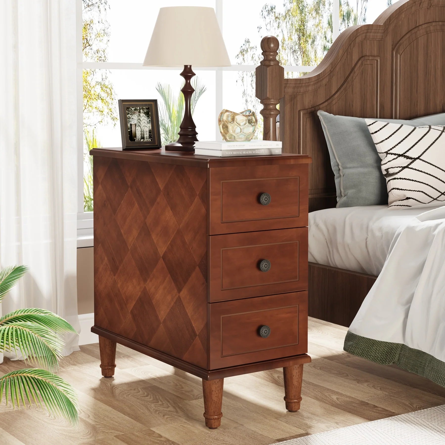 Fully Assembled Narrow End Table, Solid Wood Side Table with 3 Drawers, Vintage Nightstand Slim Bedside Table for Small Spaces
