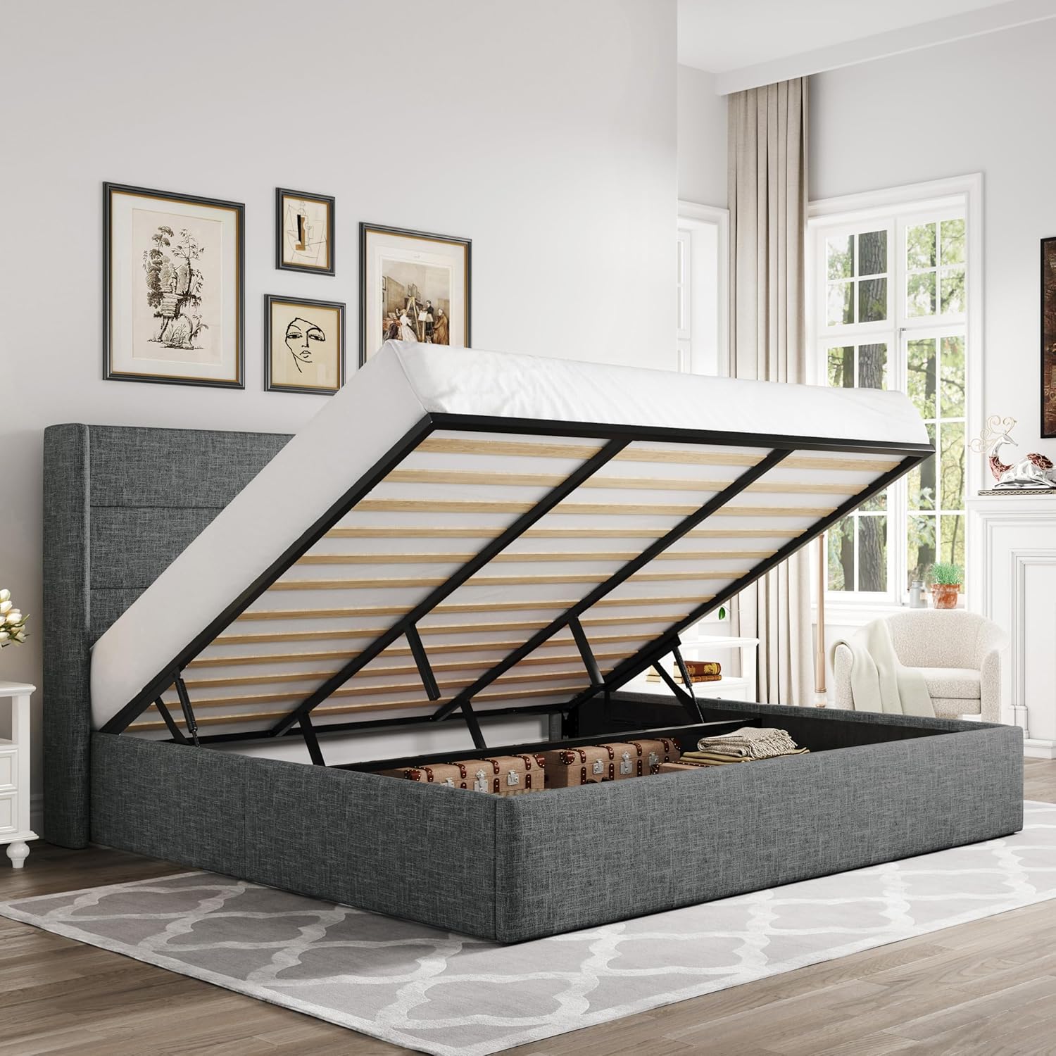 ALLEWIE Queen Size Lift Up Storage Bed with Wingback Headboard