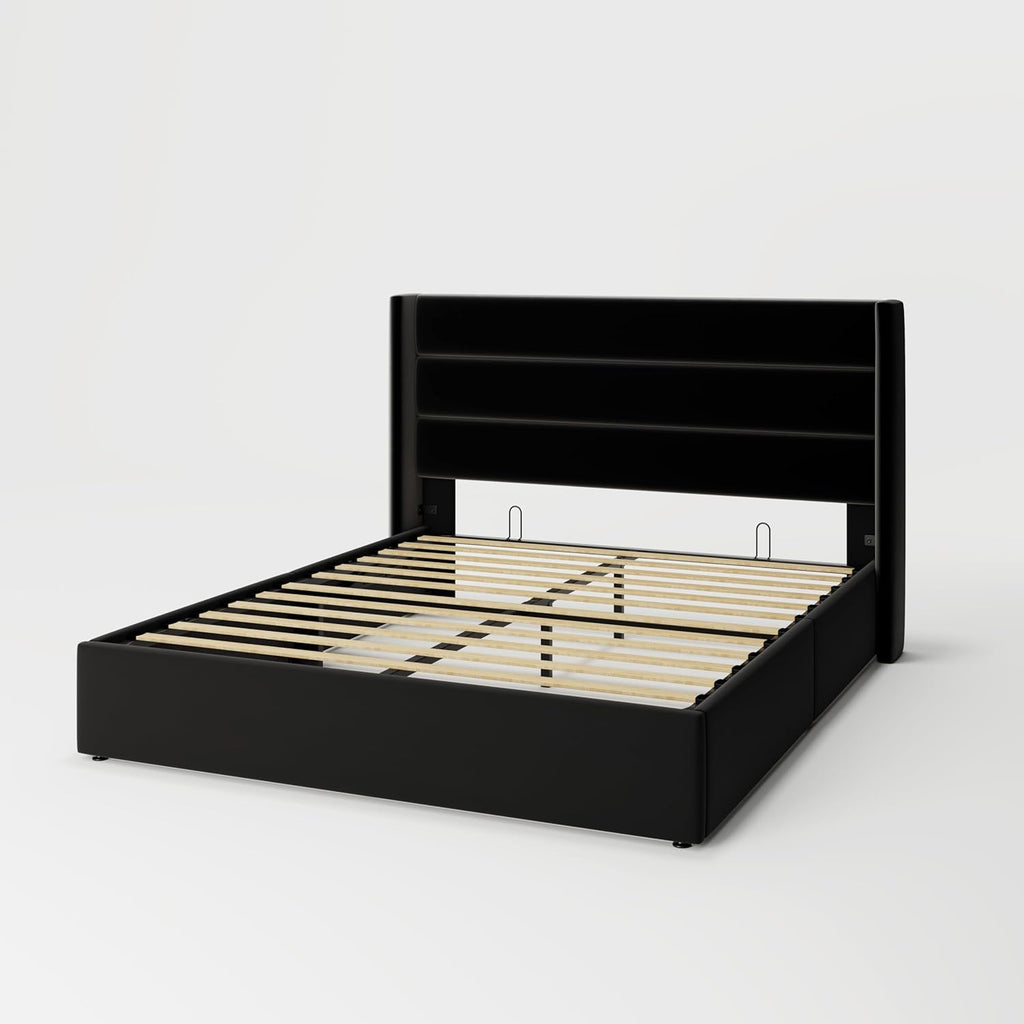 ALLEWIE Queen Size Lift Up Storage Bed with Wingback Headboard