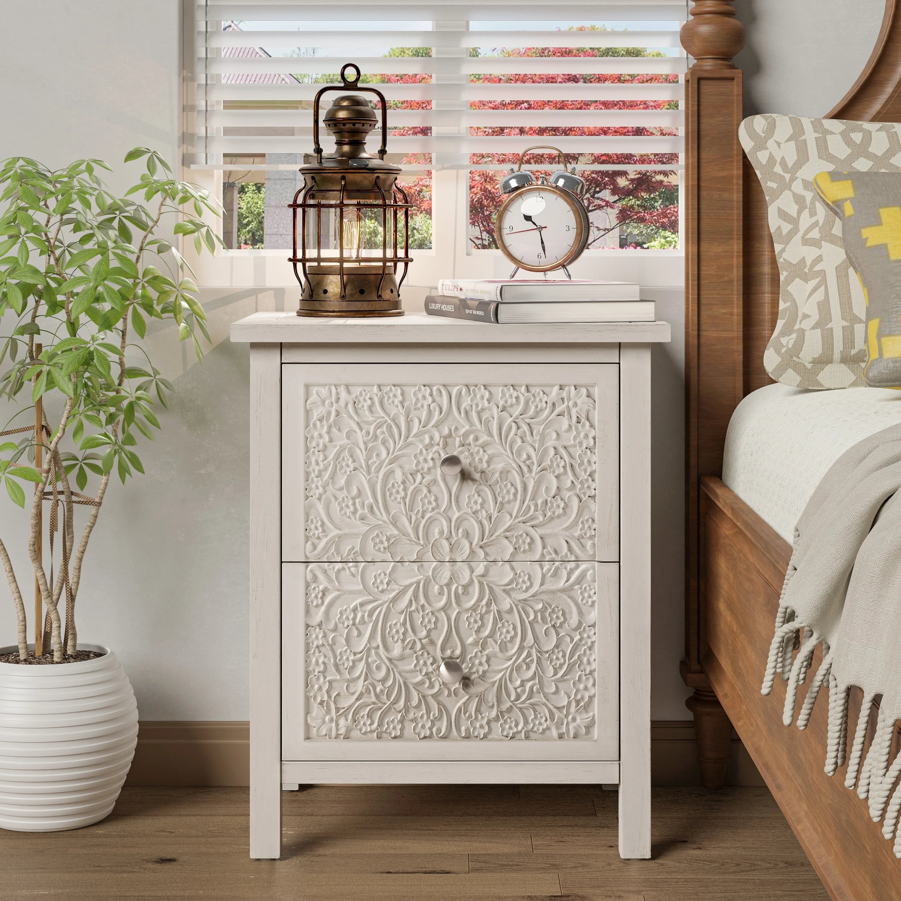 COZAYH Farmhouse Fully-Assembled Nightstand with 2-Drawer, Flower Motif End Table for Small Spaces, French Country