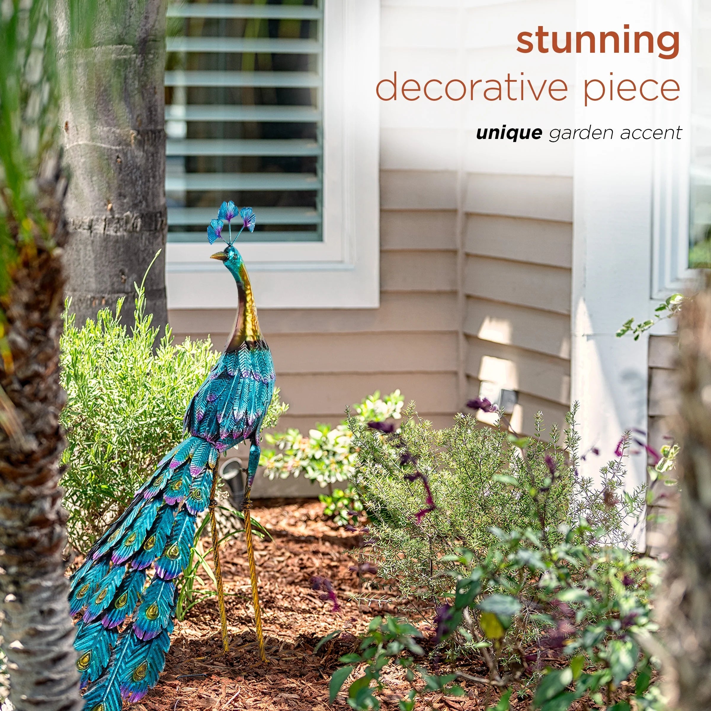 Alpine Corporation Tall Outdoor Metallic Peacock Standing Yard Statue Decoration, Multicolor