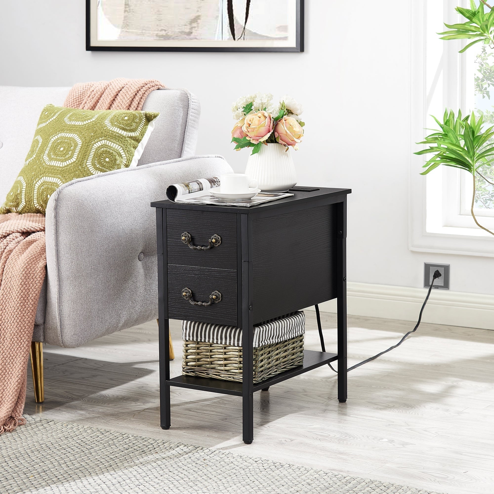 End Table with Charging Station, Narrow Chairside Table with Drawers & USB Ports & Power Outlets, Nightstand for Small Spaces