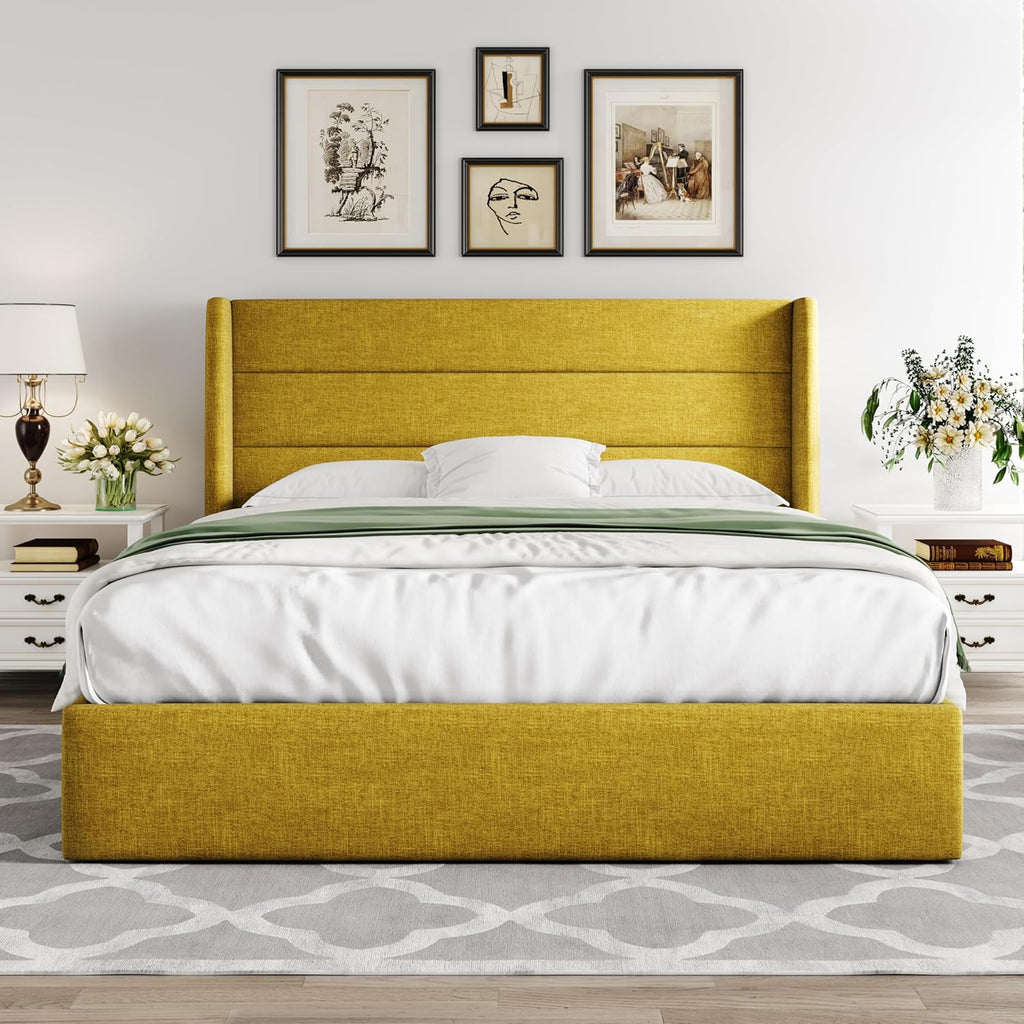 ALLEWIE Queen Size Lift Up Storage Bed with Wingback Headboard