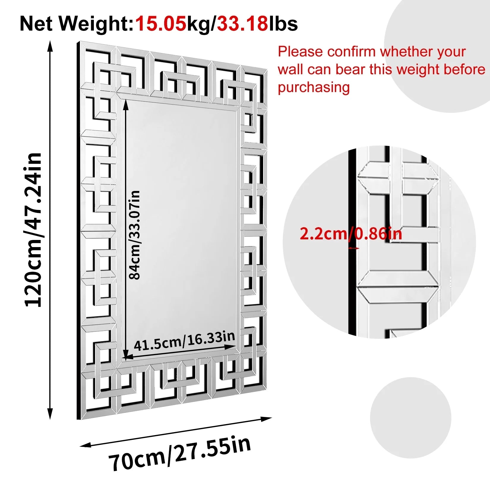 Large Wall Art Mirror Decor Silver Accent Geometric Frame