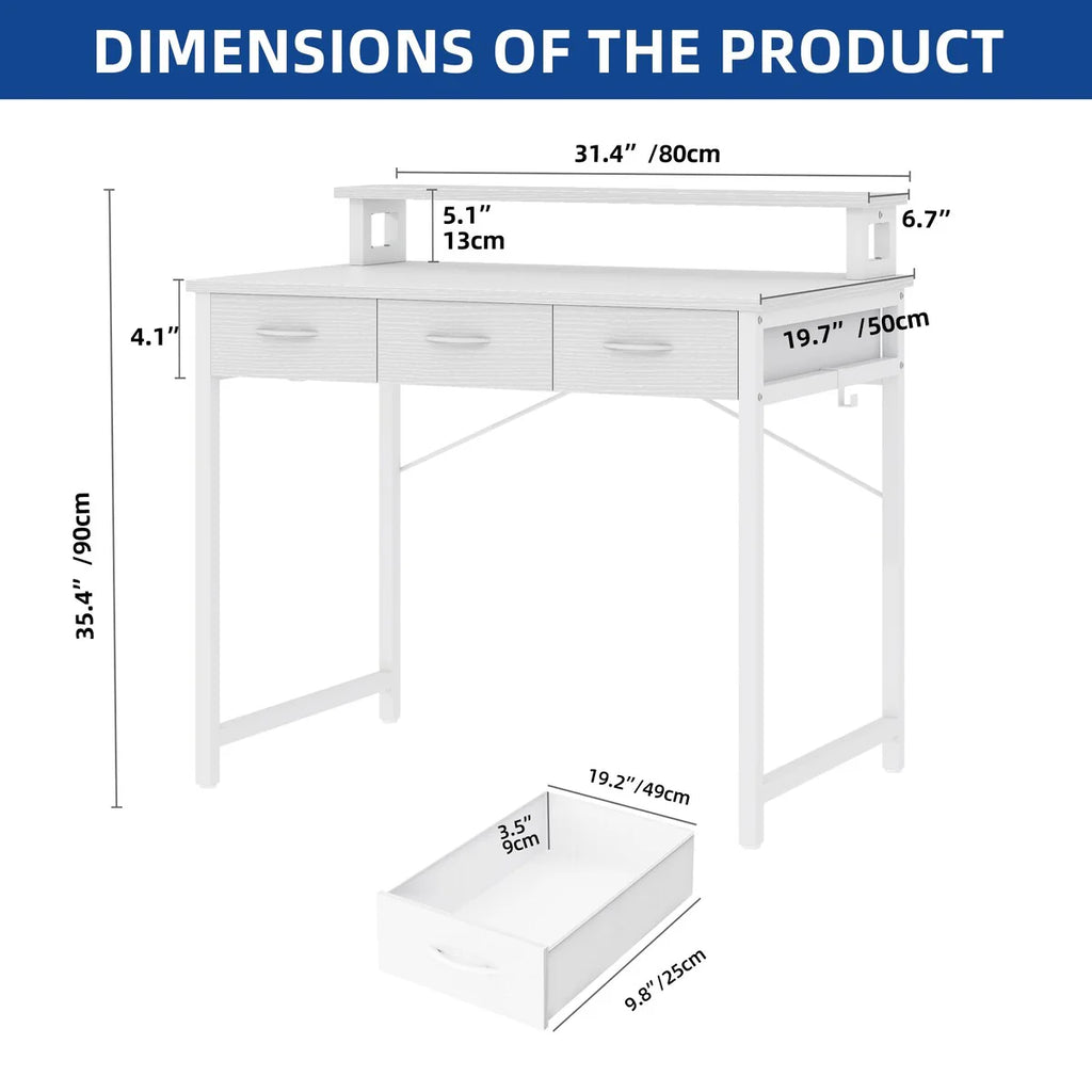 Moasis Small Computer Desk with Fabric Drawers and Monitor Stand