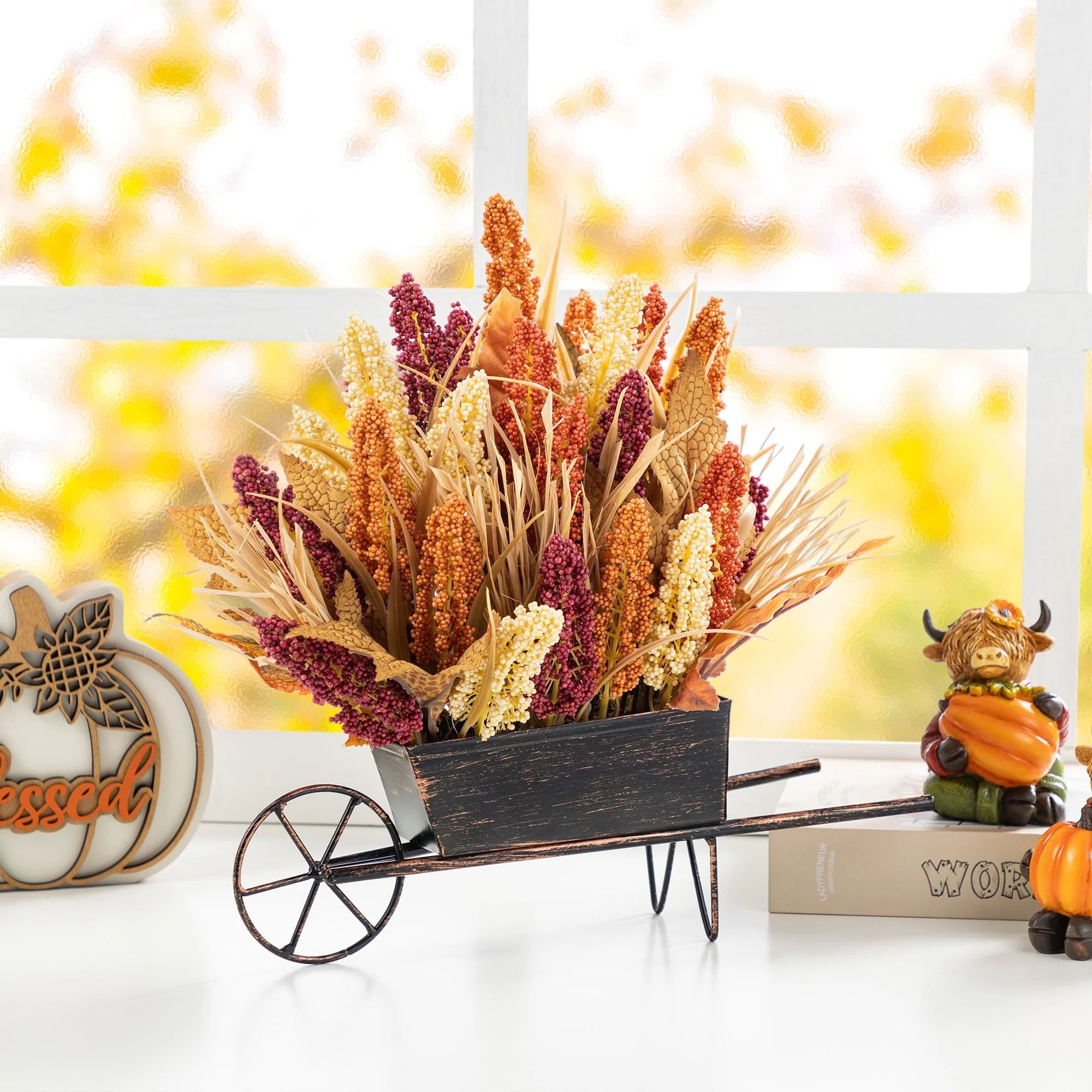 Glitzhome 14L Fall Unique Floral Cart / Multi-Colored Sorghum Cart Centerpiece Thanksgiving Table Decor