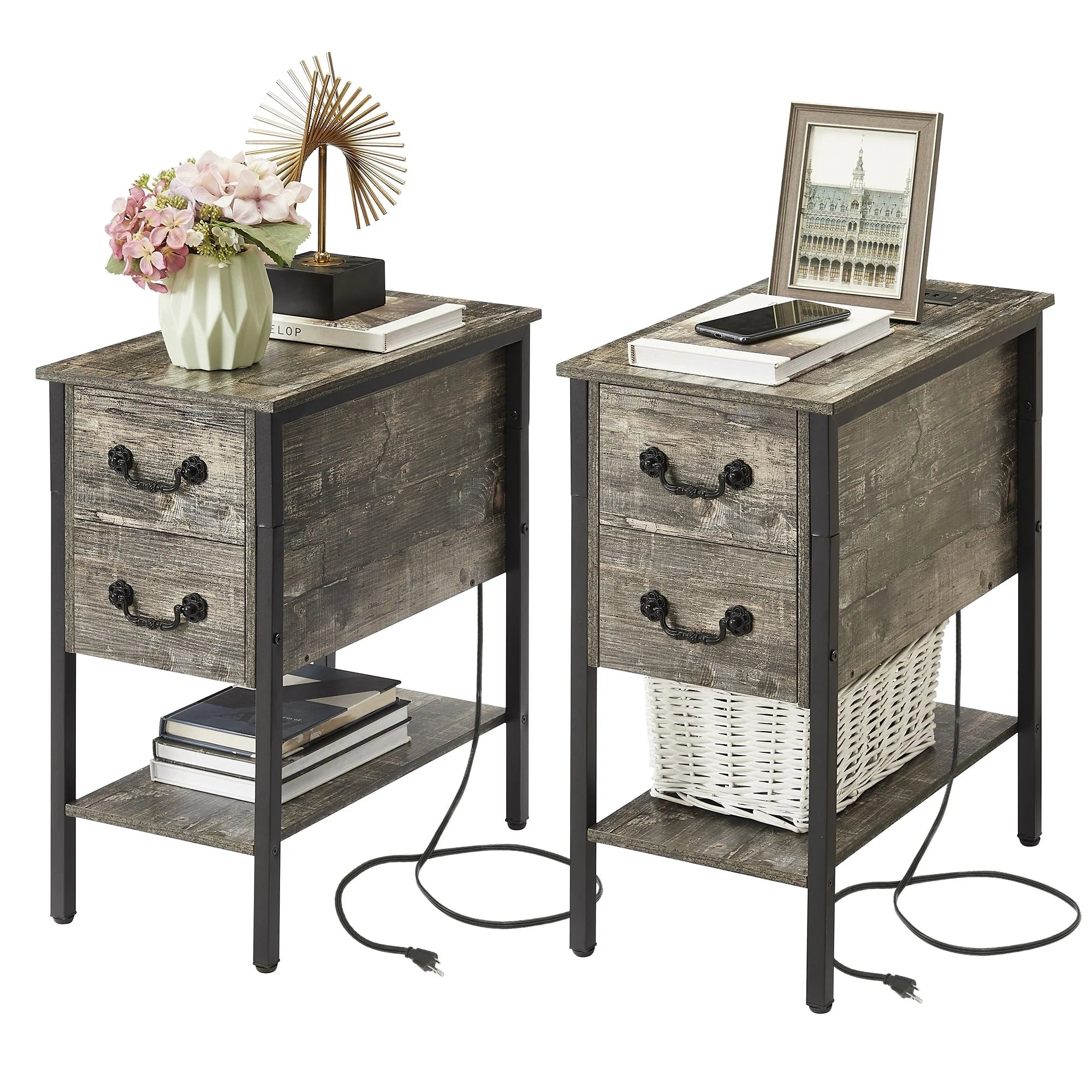 End Table with Charging Station, Narrow Chairside Table with Drawers & USB Ports & Power Outlets, Nightstand for Small Spaces
