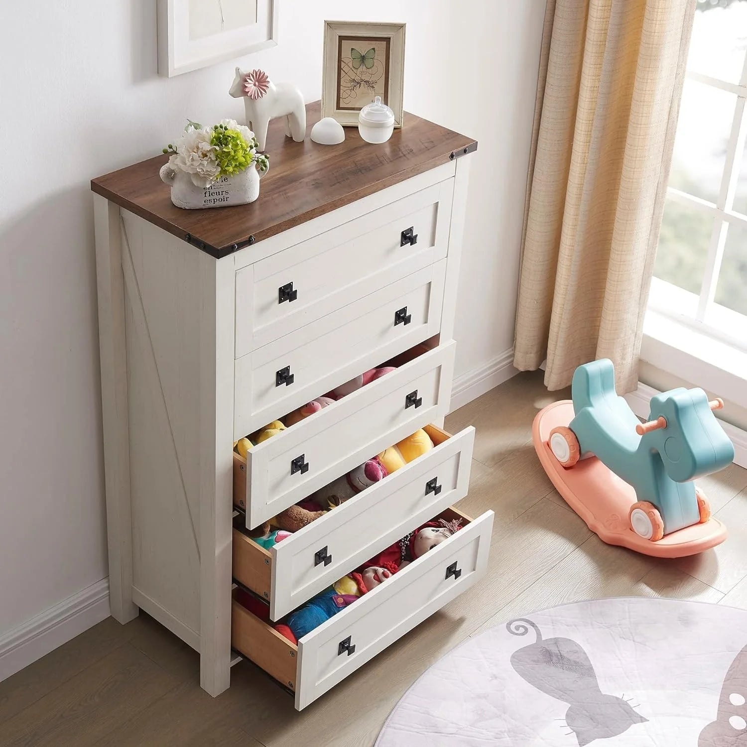 48 Tall Farmhouse 5 Drawer Wood Dresser, Chest of Drawers for Bedroom