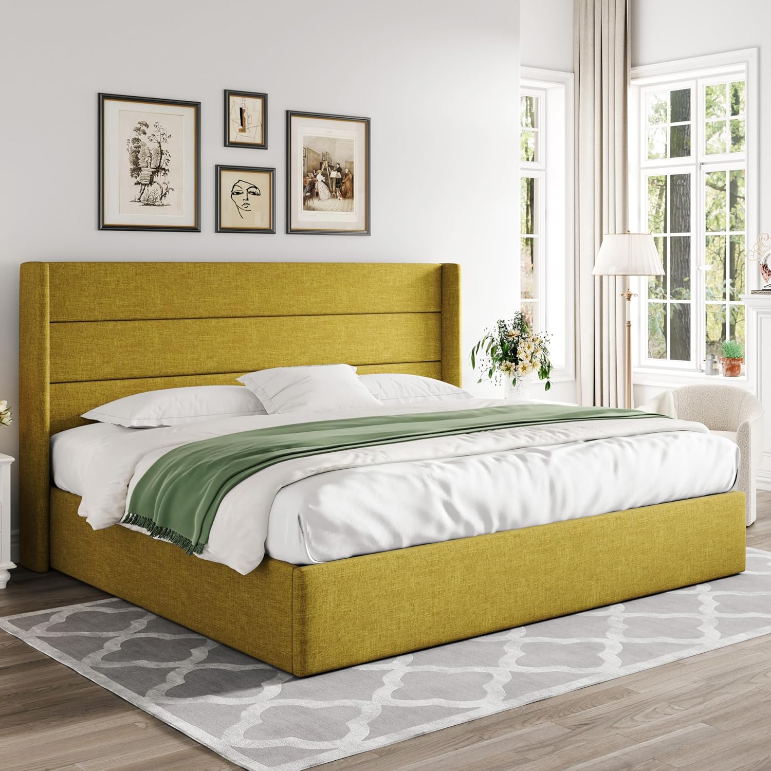 ALLEWIE Queen Size Lift Up Storage Bed with Wingback Headboard