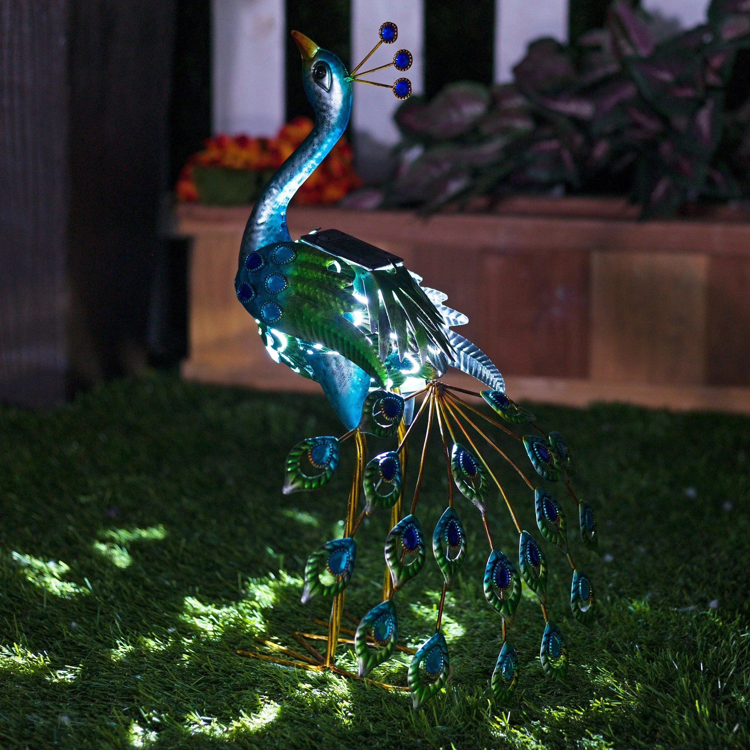 Alpine Corporation Tall Outdoor Metallic Peacock Standing Yard Statue Decoration, Multicolor