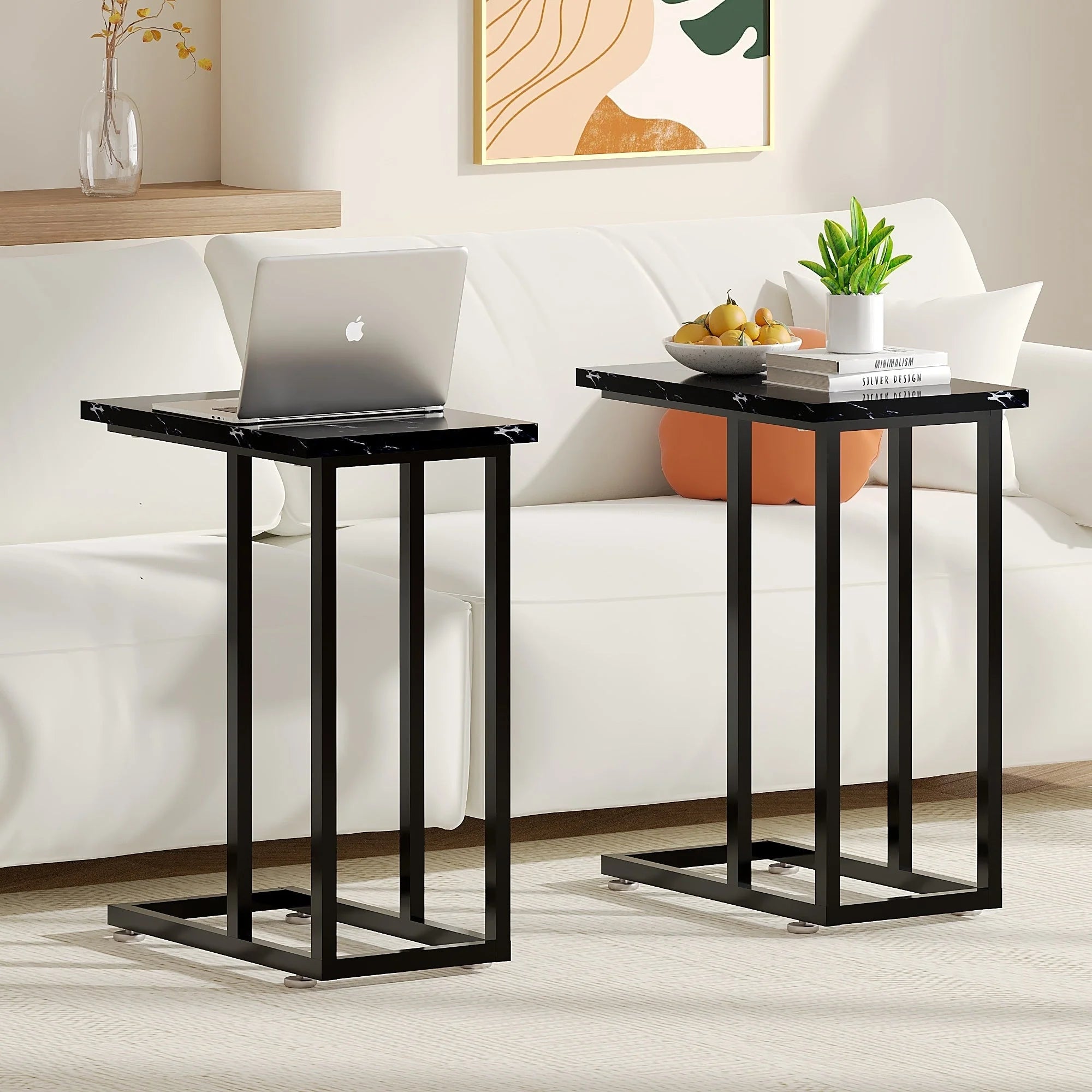 Javlergo Set of 2 C-Shaped Sofa Side Table, Small End Table for Living Room, Narrow Bedside/TV Tray Table