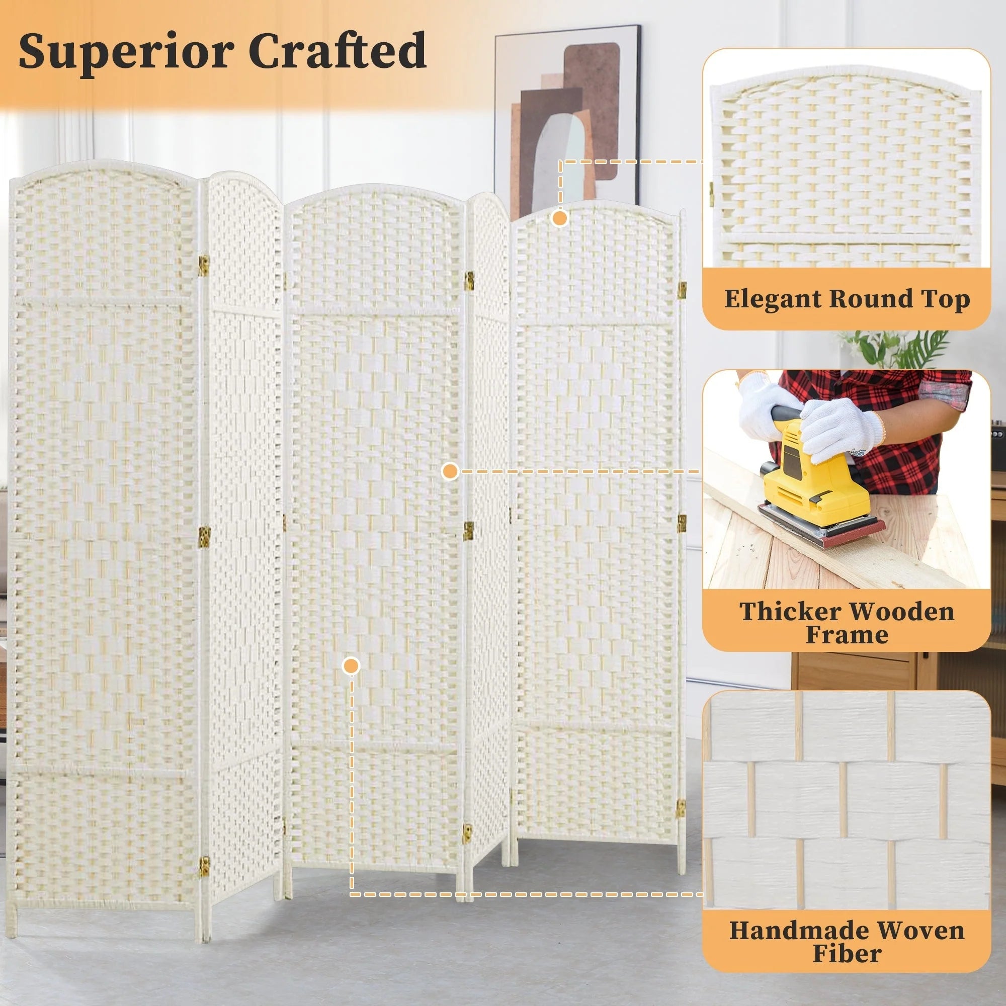 Room Divider 6 FT Tall Weave Fiber Freestanding Privacy Screen Folding Screen