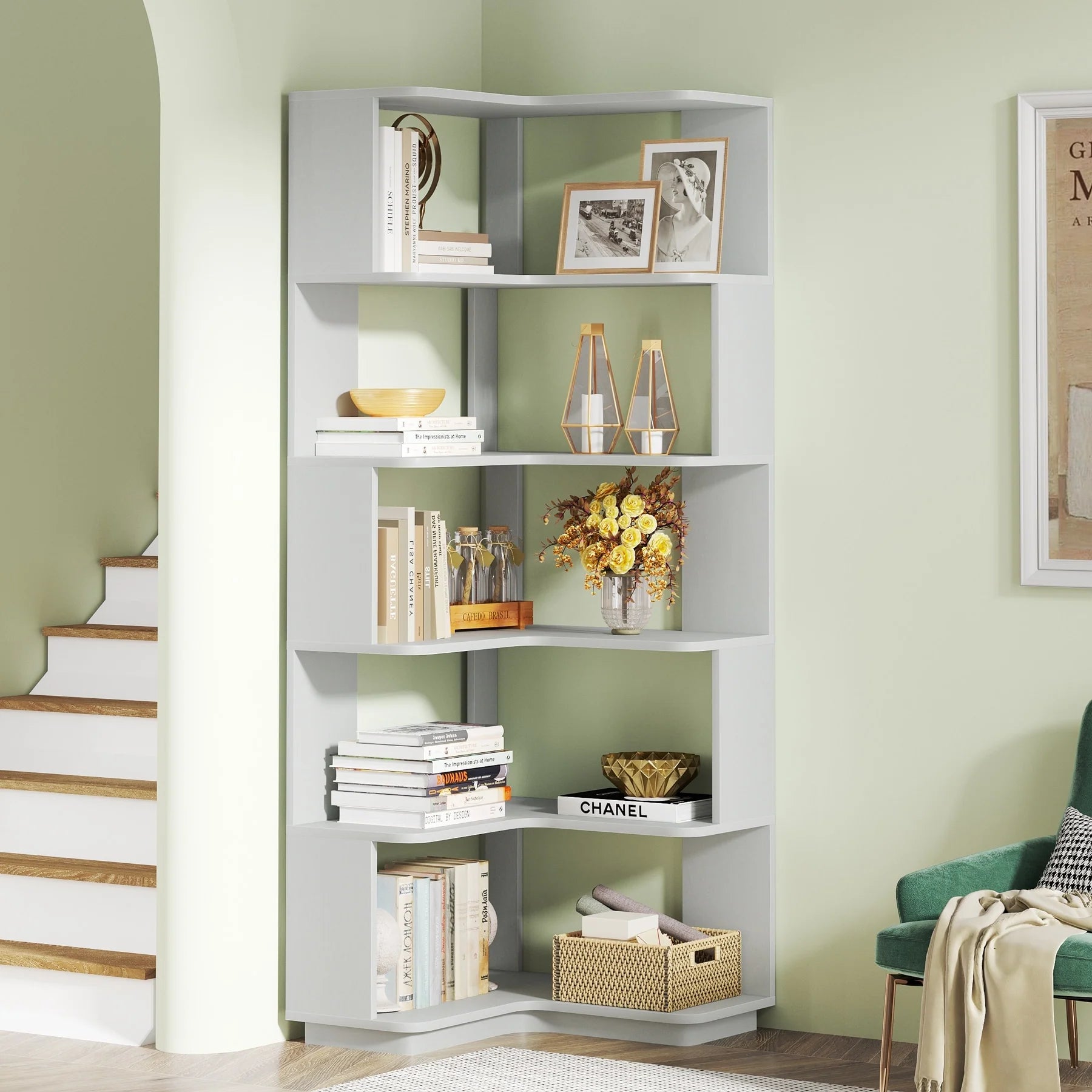 6-Tier Corner Book Shelf, 64.9Tall Freestanding Wood Industrial Bookcase Bookshelf