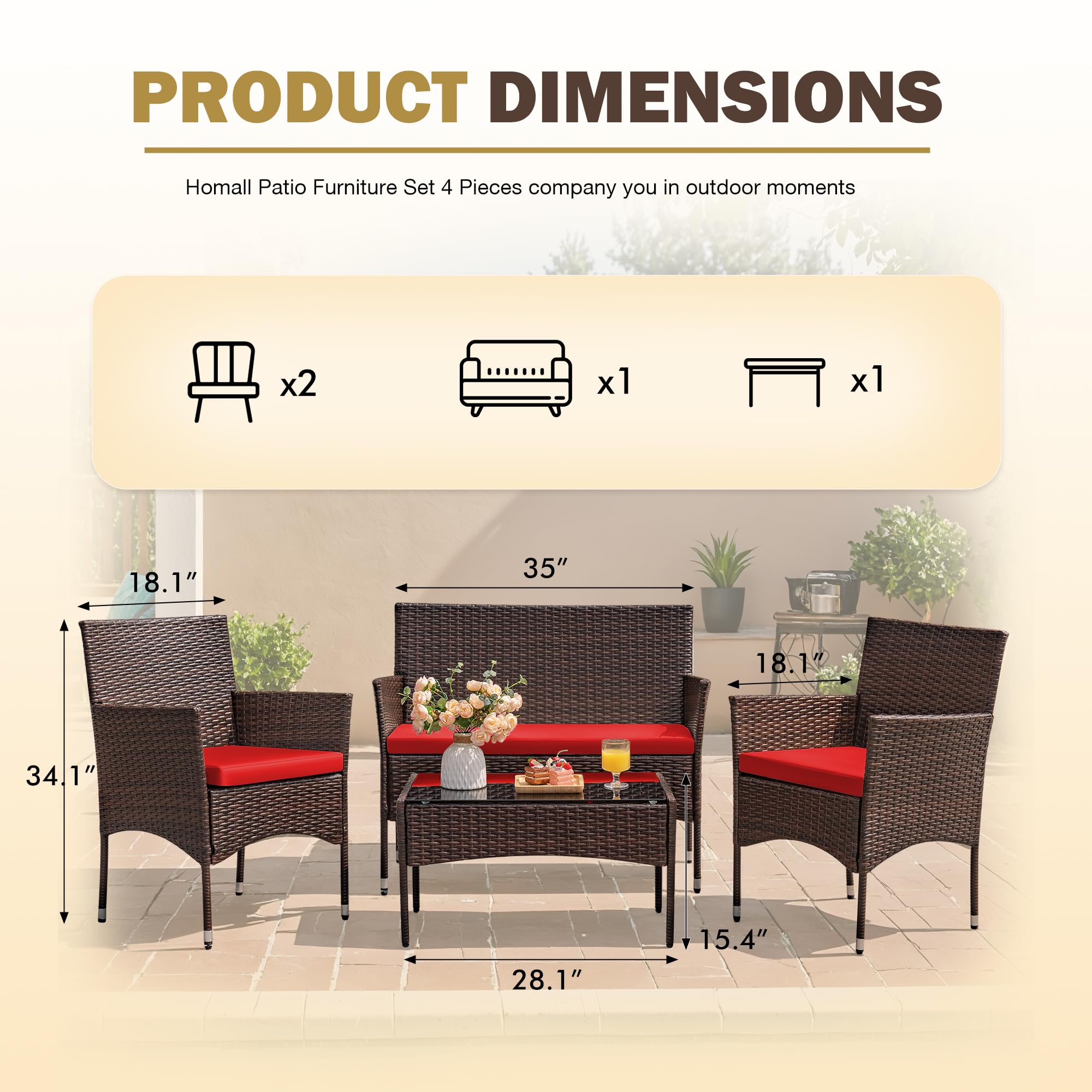 Homall 4 Pieces Outdoor Patio Furniture Sets Rattan Chair Wicker Set