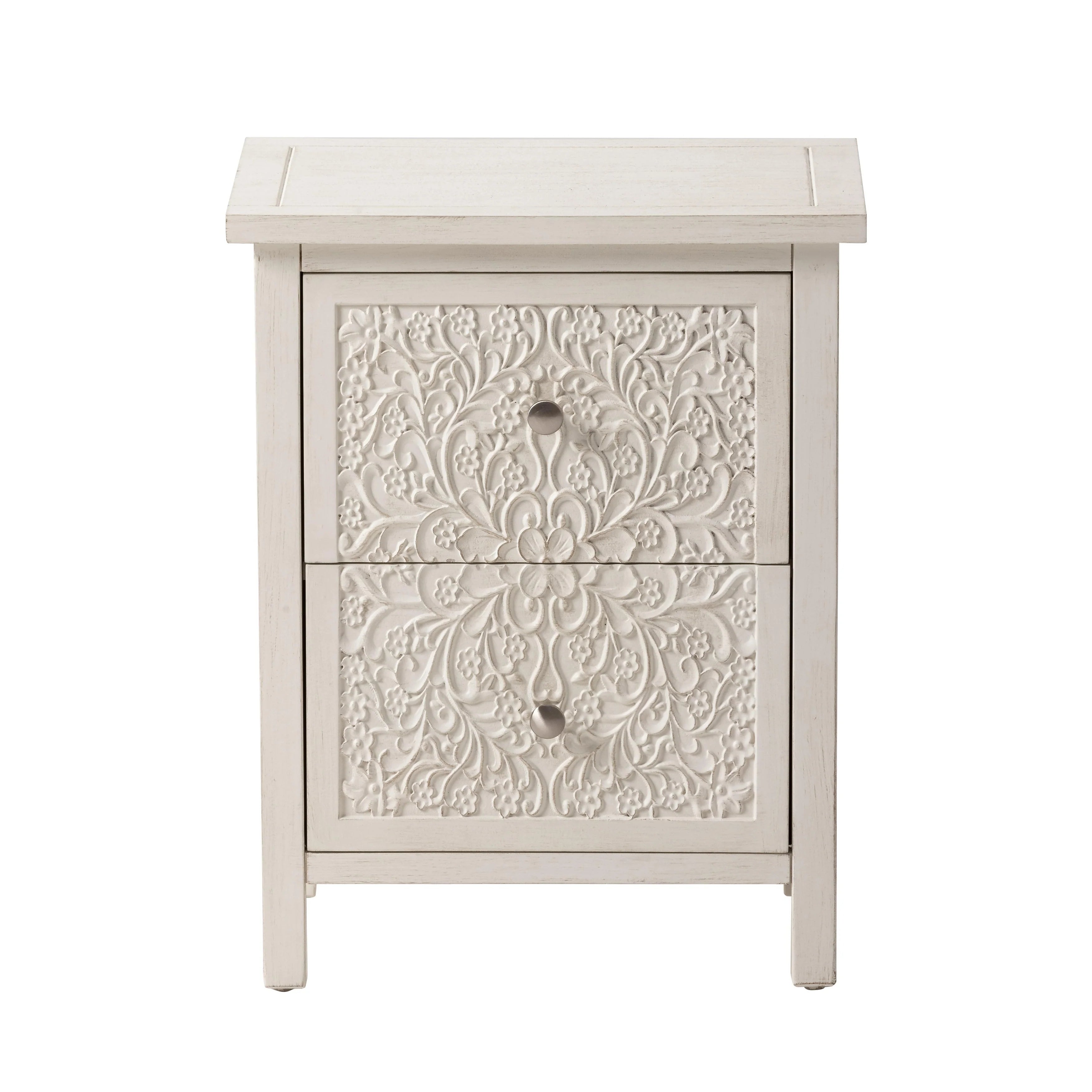 COZAYH Farmhouse Fully-Assembled Nightstand with 2-Drawer, Flower Motif End Table for Small Spaces, French Country