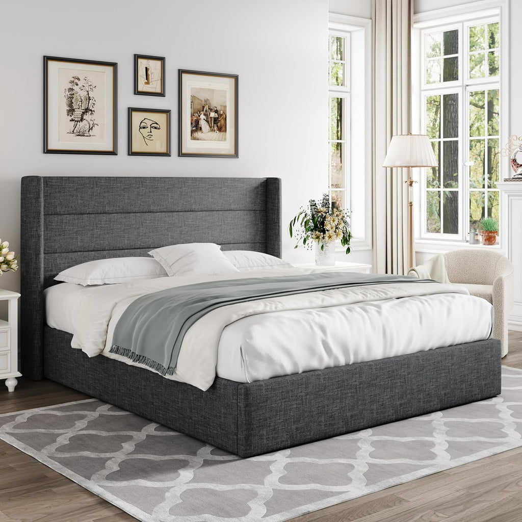 ALLEWIE Queen Size Lift Up Storage Bed with Wingback Headboard