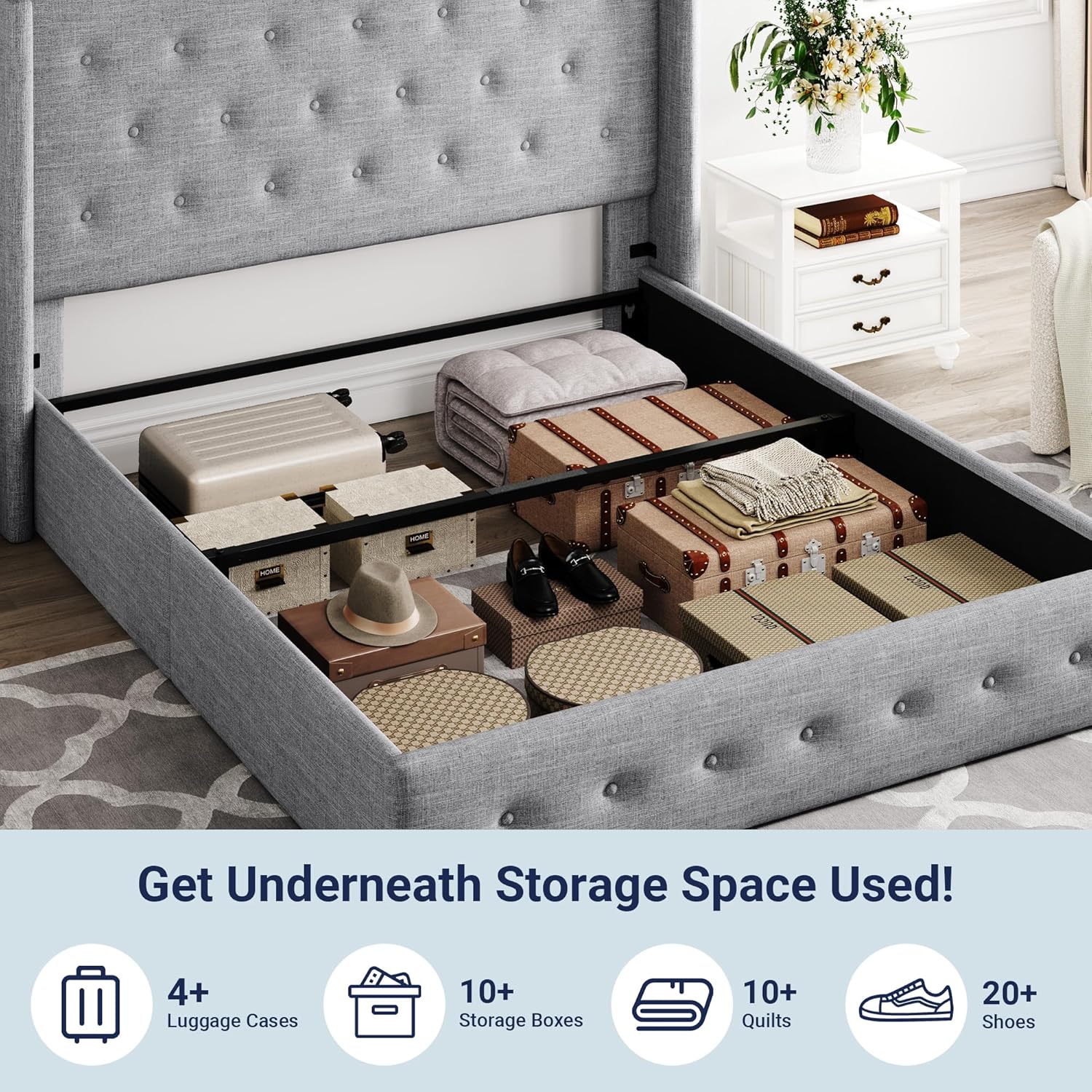 ALLEWIE Queen Size Lift Up Storage Bed with Wingback Headboard