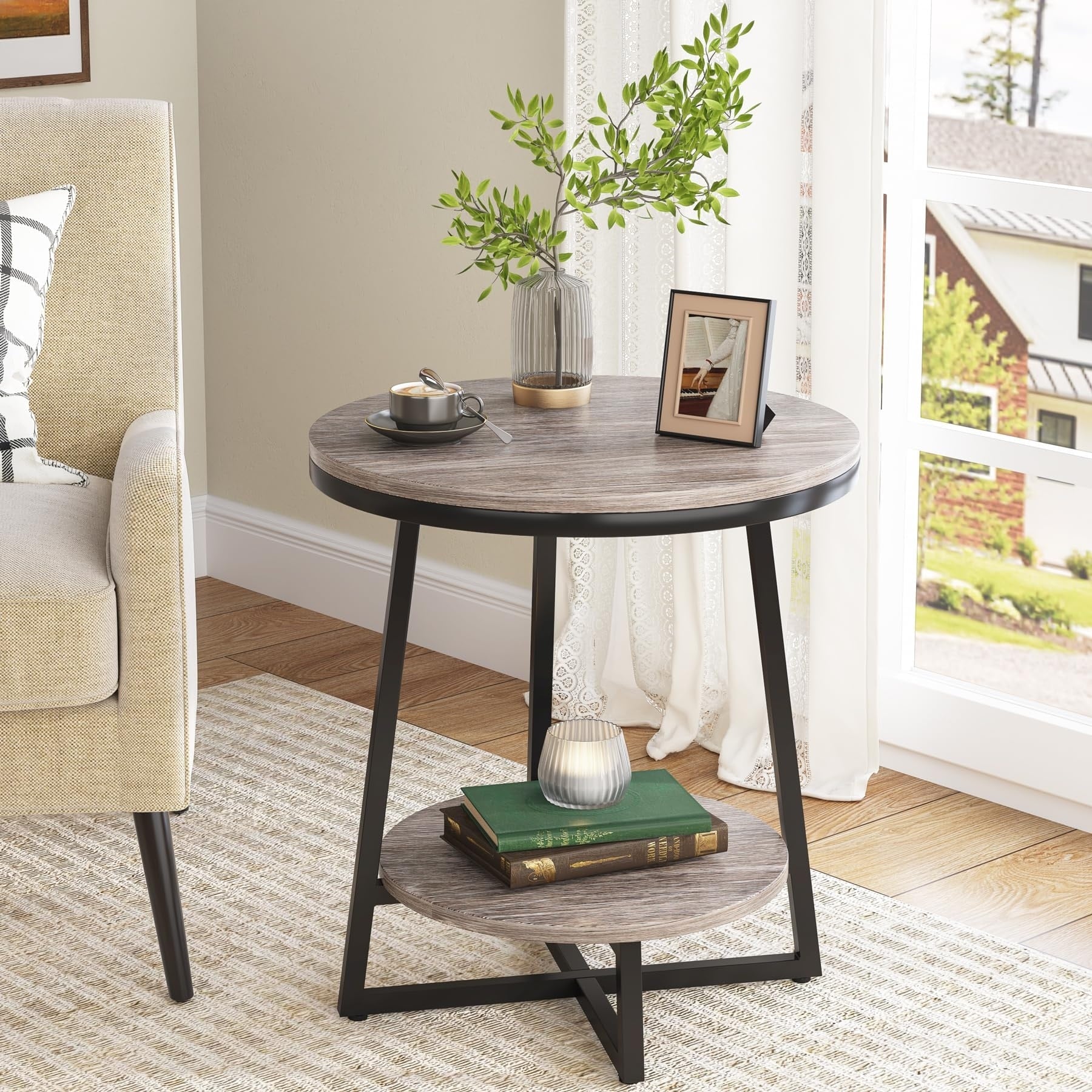 Industrial End Table, Round Side Table Table Small Coffee Accent Table