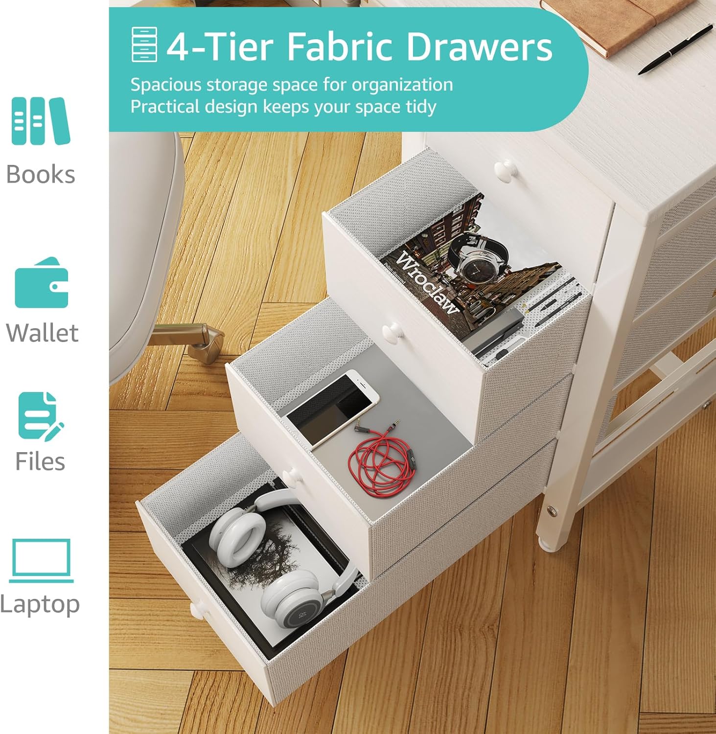 Lufeiya 40 Inch Small White Desk with Fabric Drawers