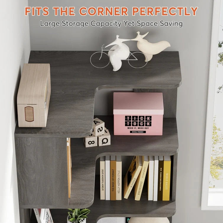 6-Tier Corner Book Shelf, 64.9Tall Freestanding Wood Industrial Bookcase Bookshelf