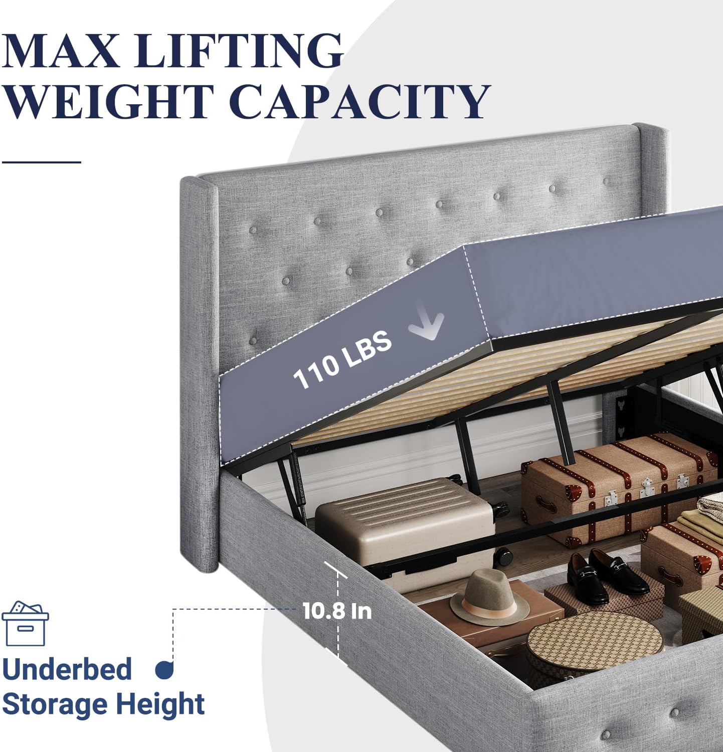 ALLEWIE Queen Size Lift Up Storage Bed with Wingback Headboard