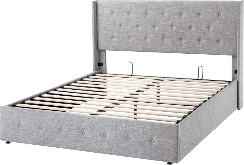 ALLEWIE Queen Size Lift Up Storage Bed with Wingback Headboard
