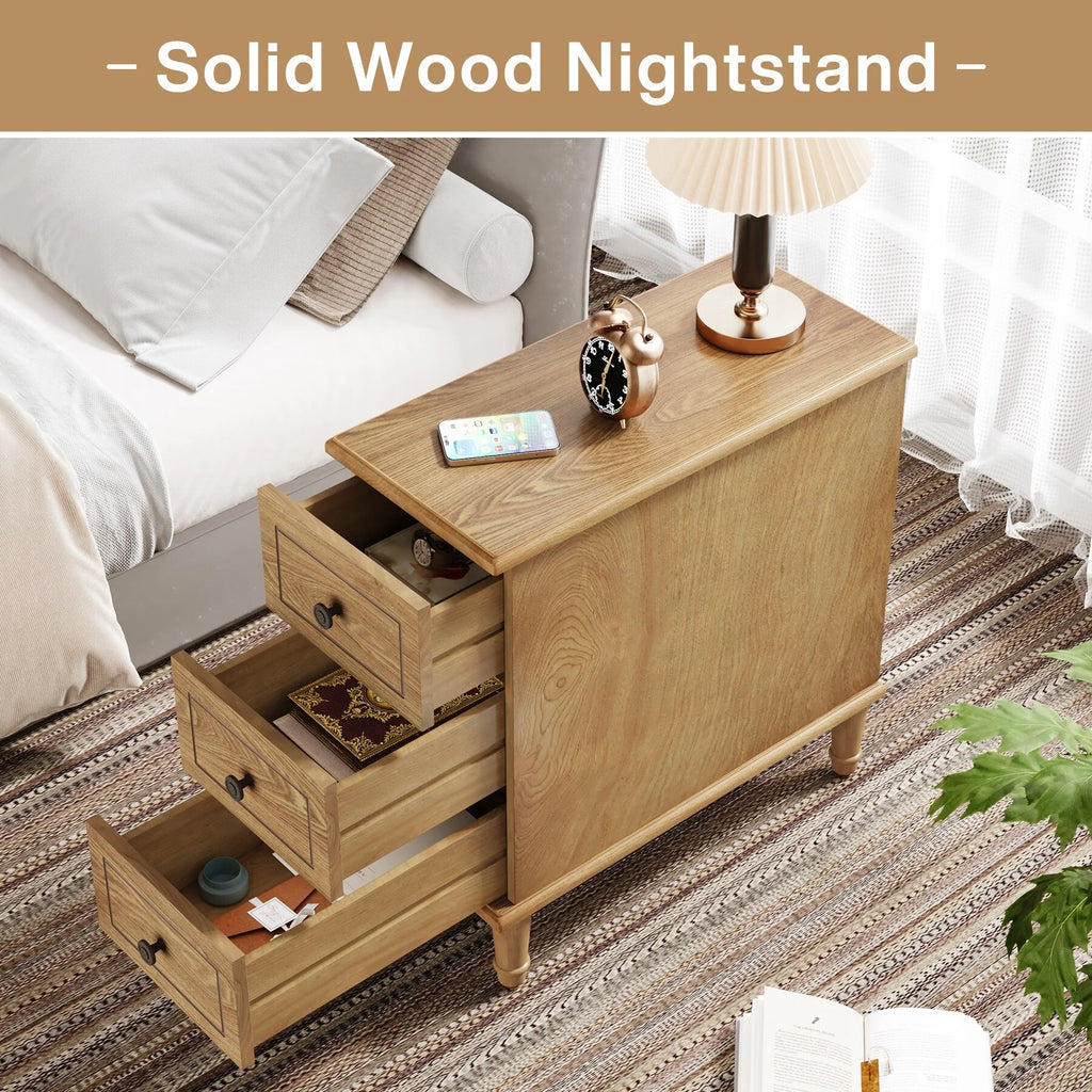 Fully Assembled Narrow End Table, Solid Wood Side Table with 3 Drawers, Vintage Nightstand Slim Bedside Table for Small Spaces
